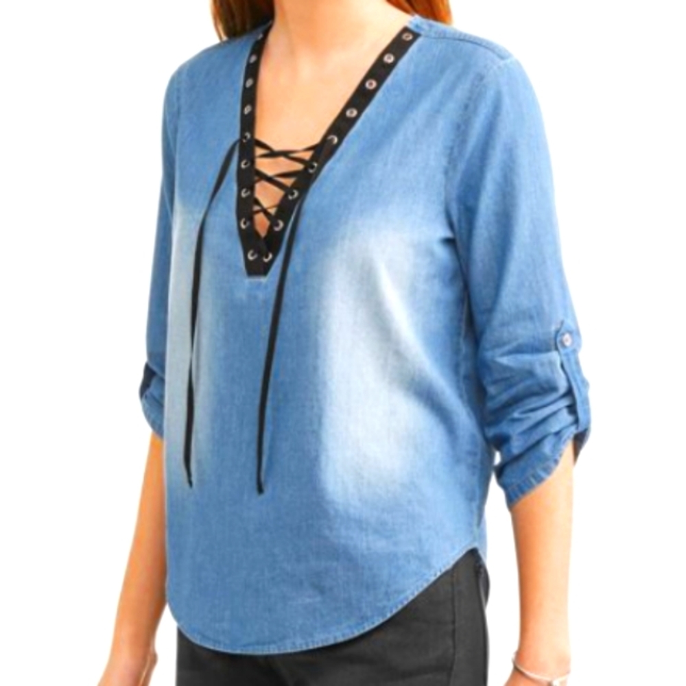 No Boundaries Juniors Denim Lace Up Top XL (15-17)